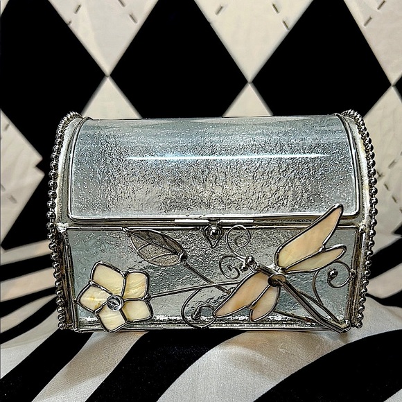 Other - Tempered Glass Box with Floral & Dragonfly Design – Silver Accents